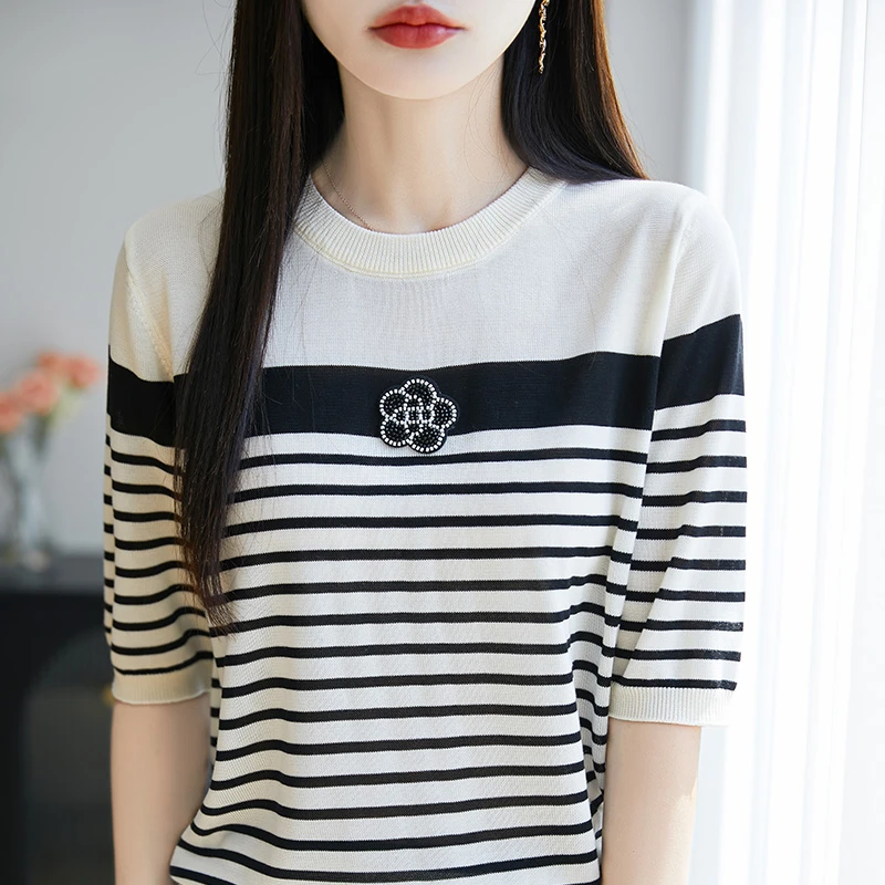夏季圆领条纹针织短袖T恤女莱赛尔天丝上衣新款时尚宽松短袖T恤
