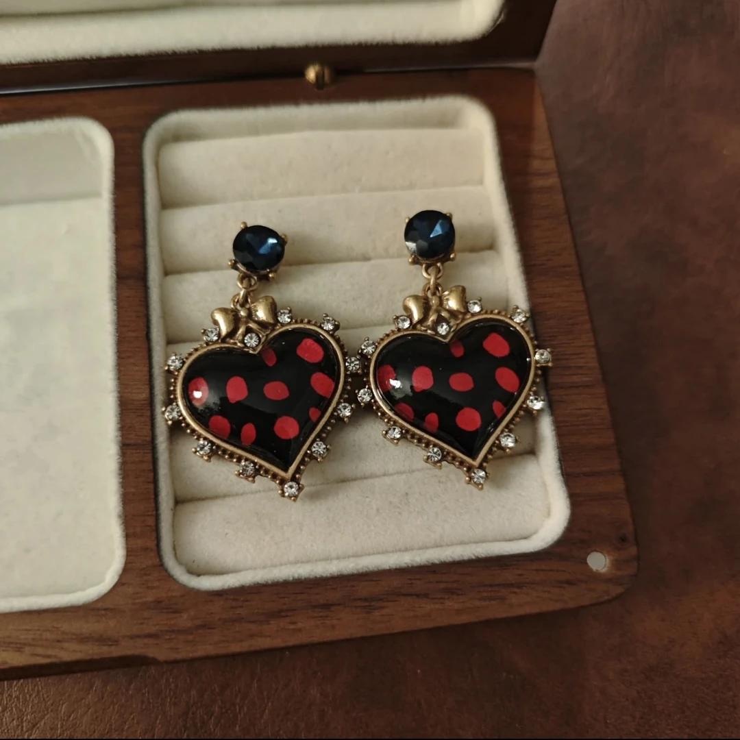 黄铜琉璃耳饰 时尚中古VINTAGE 复古港风红色波点爱心耳饰