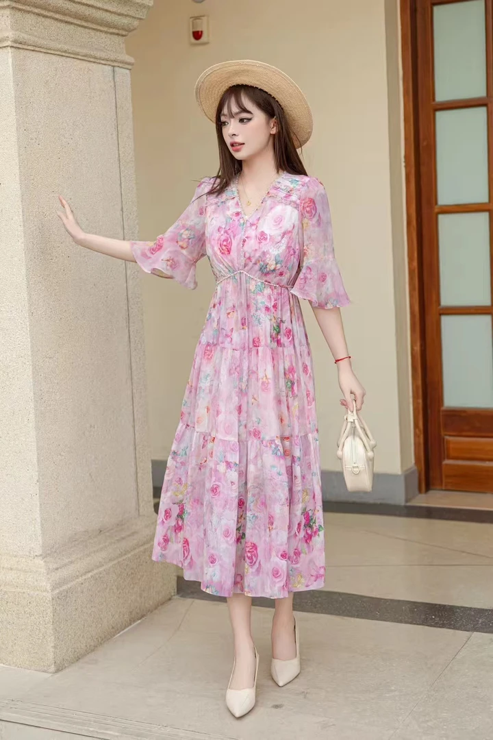 夏季天丝百搭显瘦晕染钉珠重工轻奢舒适连衣裙