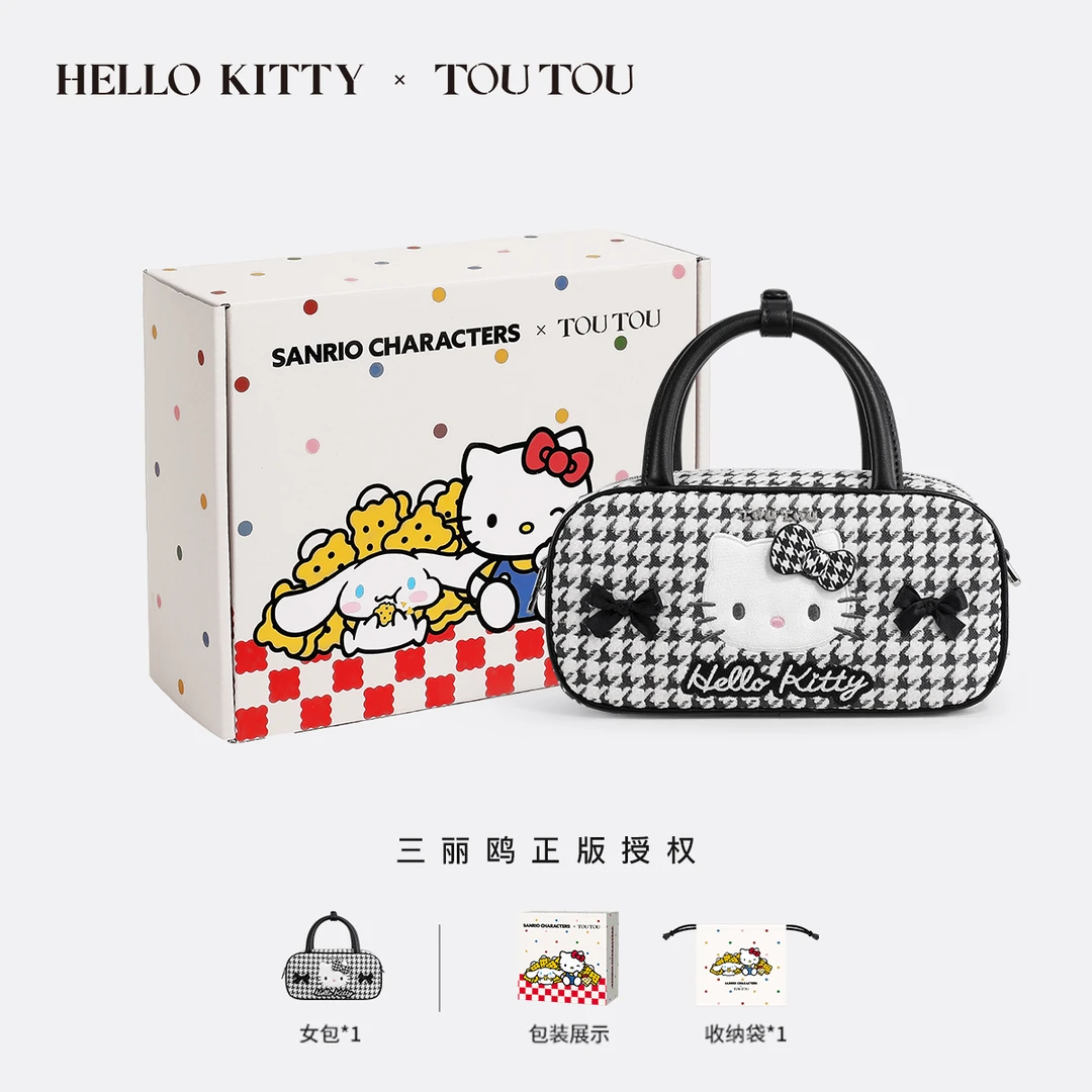 toutou【hellokitty联名】凯蒂猫千鸟格波士顿保龄球包女手提斜挎包