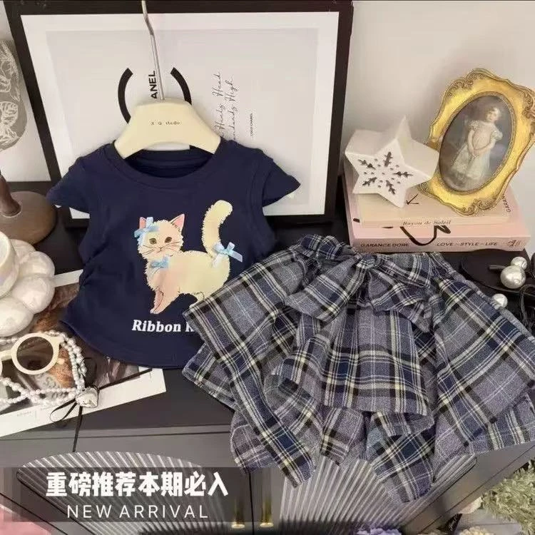 PP423-女童猫咪不规则格子裙套装