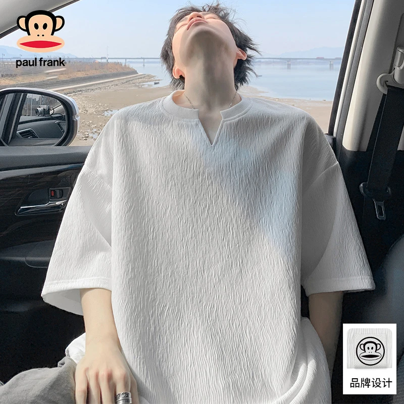 PaulFrank/大嘴猴肌理感冰丝V领短袖T恤男士2025夏季薄款休闲上衣