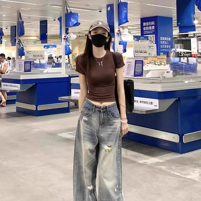 咖色修身显瘦短袖T恤女夏季新款韩系休闲简约百搭慵懒风短款上衣