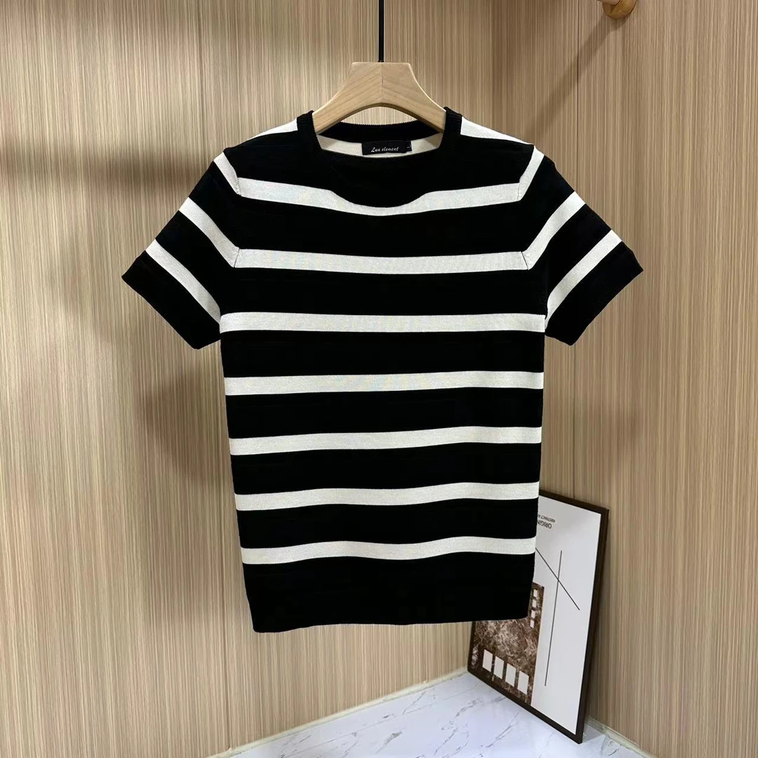 条纹针织短袖男圆领夏季潮流时尚百搭痞帅冰丝t恤男士半截袖体恤