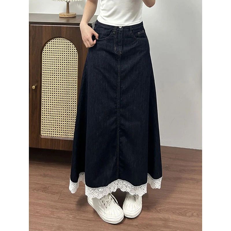 300斤特大码蕾丝拼接牛仔半身裙女秋季新款胖mm遮胯显瘦长款a字裙