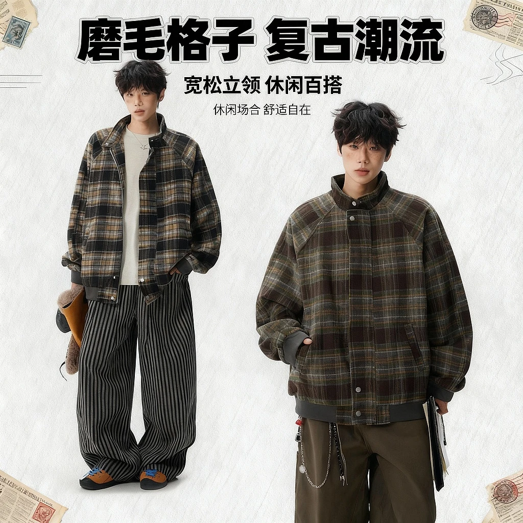 磨毛立领夹克cleamfit毛呢外套潮流休闲美式复古秋冬衣服重磅男士