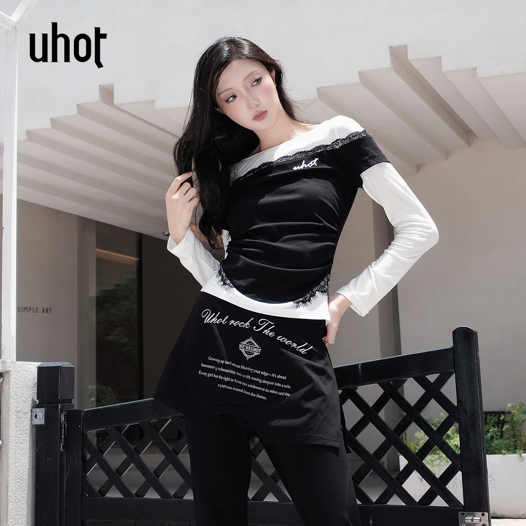 UHOT/诱货黑白假两件长袖上衣T恤拼接蕾丝花边性感优雅UWWA1N614M