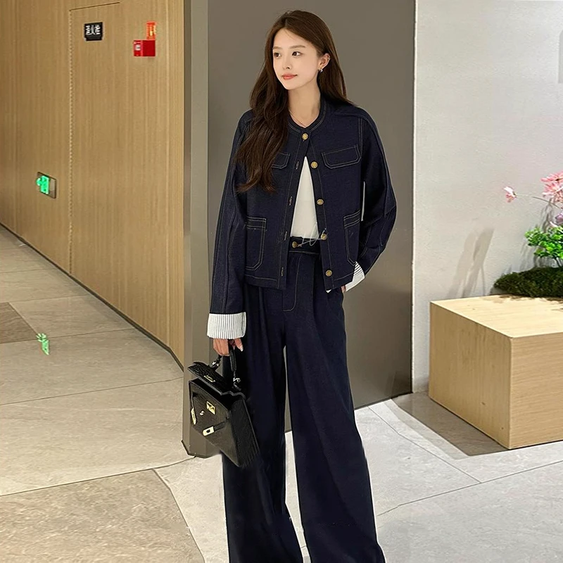 时尚复古牛仔套装女2025秋季新款洋气质短款外套阔腿裤休闲两件套