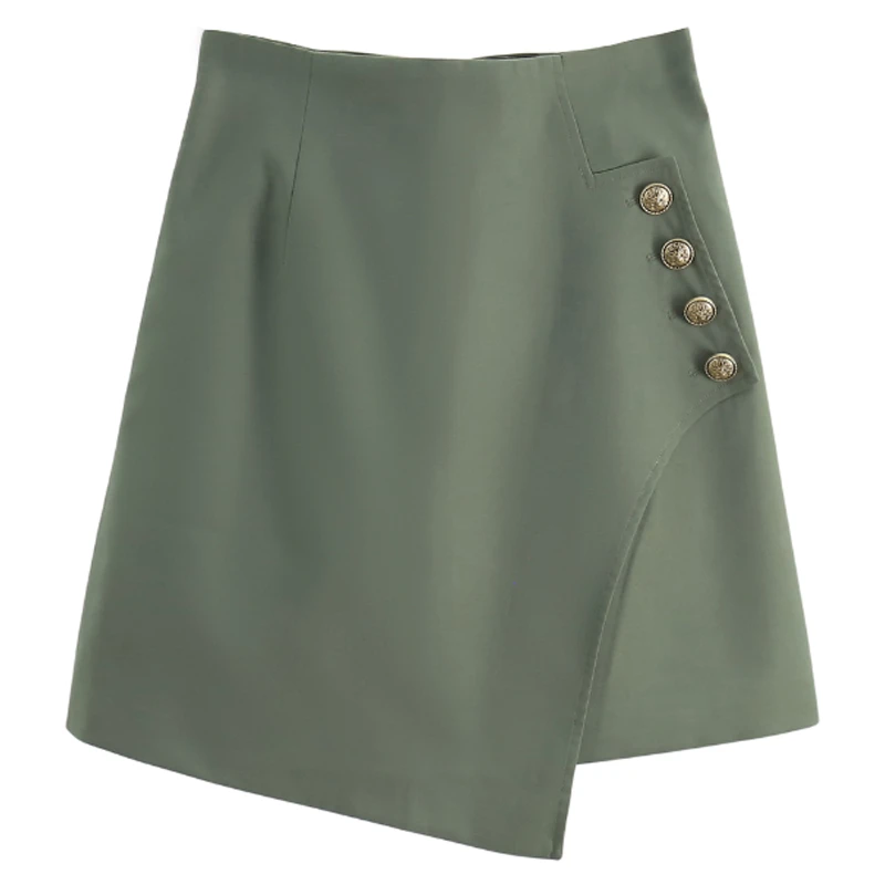 F2543-【郁】不规则包臀裙纯色装饰扣短裙#XYX56Q001