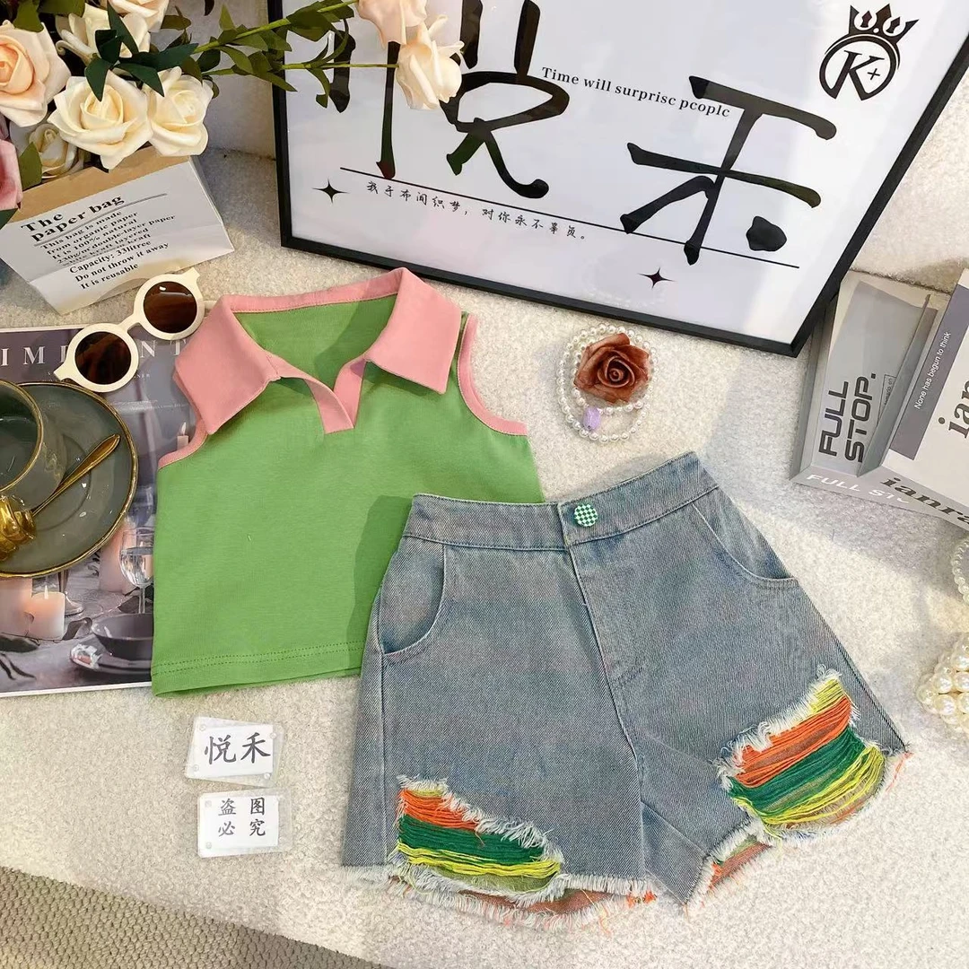 SD女童夏季新款洋气时髦休闲百搭甜美可爱短裤背心上衣套装8648