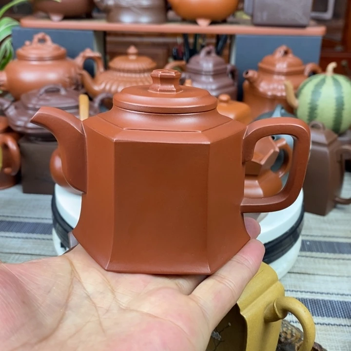 紫砂茶壶六方宫灯220CC原矿朱泥