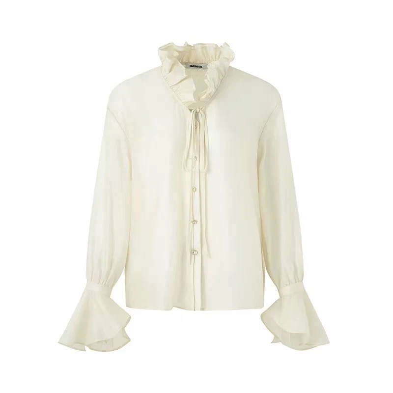 EIMISMOSOL杏色木耳边双层领系带衬衫