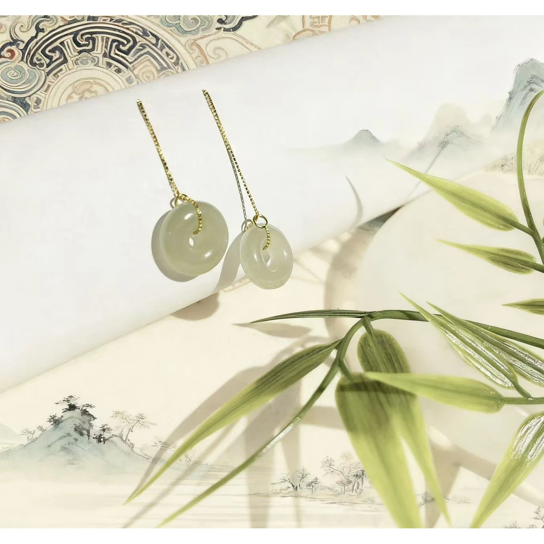 天然和田玉S925银平安扣流苏耳线 多样性发货 拍一发一 H771