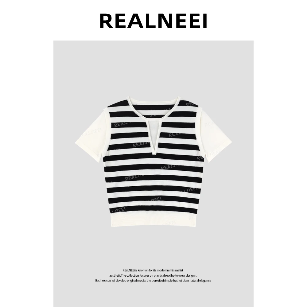 【黑白本质】“莱赛尔天丝”极简设计感撞色条纹拼接透气舒适T恤21681