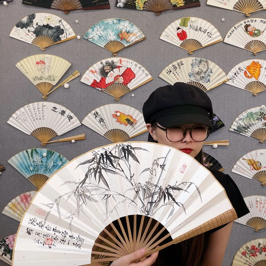 国画10寸油竹-纯手绘-文玩扇骨（默认粘好）