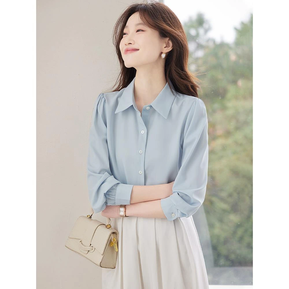 蓝色长袖雪纺衫女2025新款轻奢高级感面试衬衫职业通勤休闲白衬衣