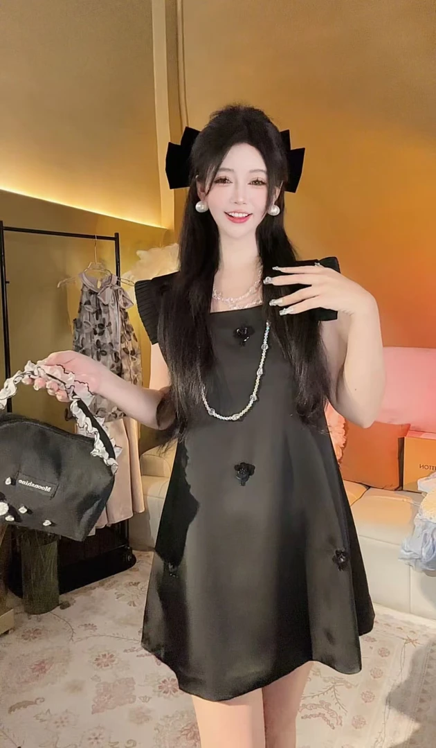 【崔】L0176 法式纯色立体花朵无袖气质风休闲百搭裙