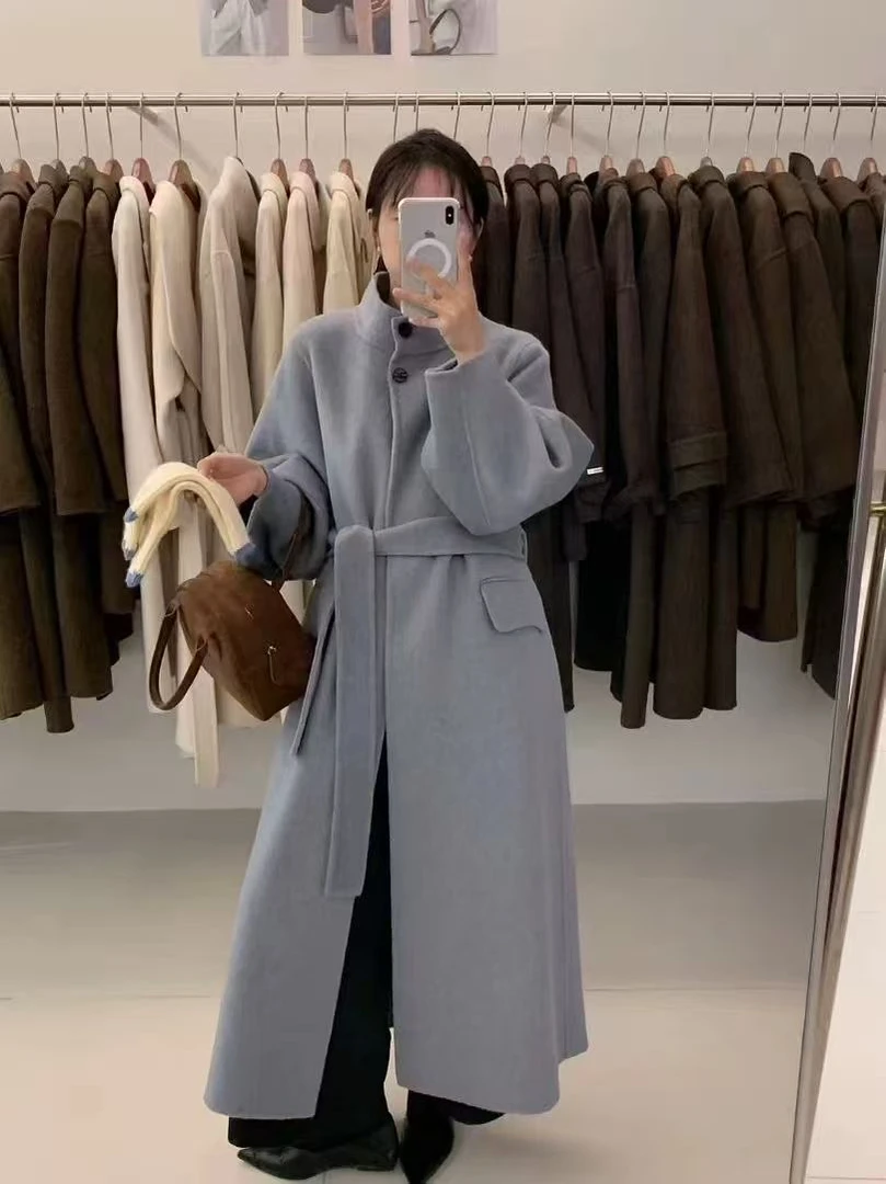 韩国东大门秋冬新款灯笼袖赫本风腰带显瘦立领长款双面羊绒大衣潮