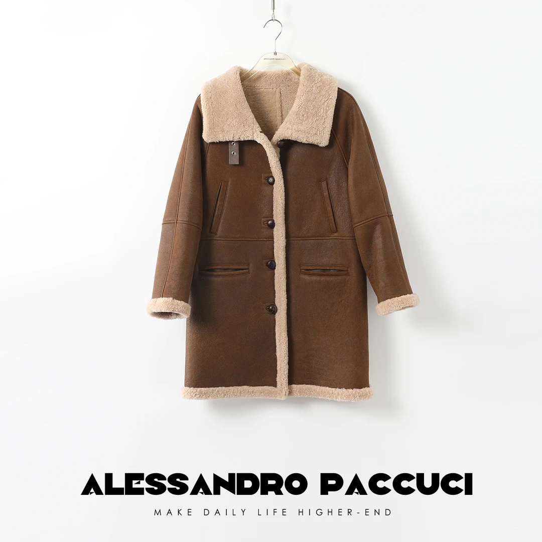 AP洛哥26395羊皮毛一体 立翻领砂感夹克中长款皮草大衣