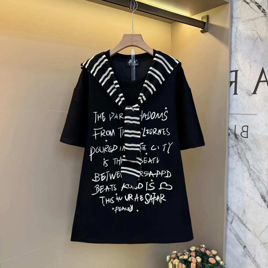 新款欧货洋气字母设计感大码女装胖妹妹短袖+披肩显瘦两件套85162