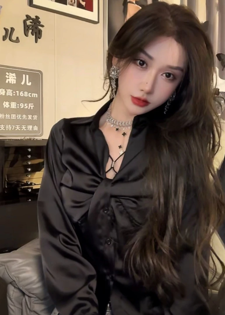 纯欲风v领长袖衬衫女法式别致衬衣修身显瘦褶皱设计感小众上衣