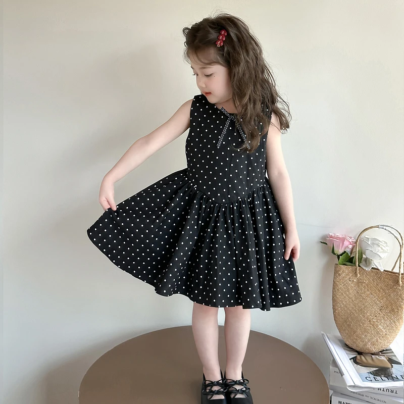 女童夏季无袖连衣裙2025新款儿童波点黑色礼服公主裙宝宝时尚裙子