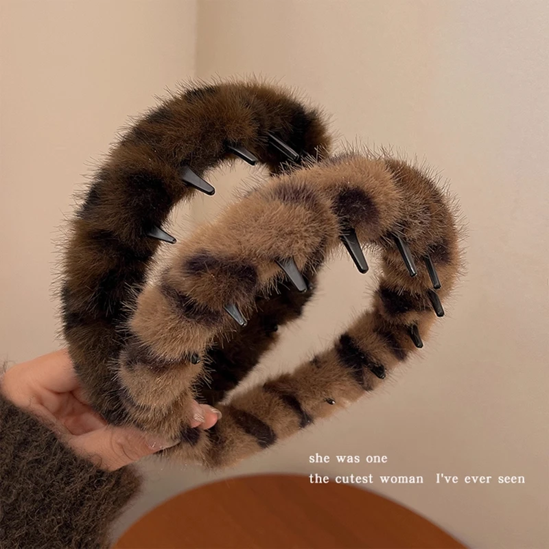 复古毛绒豹纹波浪发箍女秋冬洗脸发卡高颅顶压发头箍碎发整理头饰