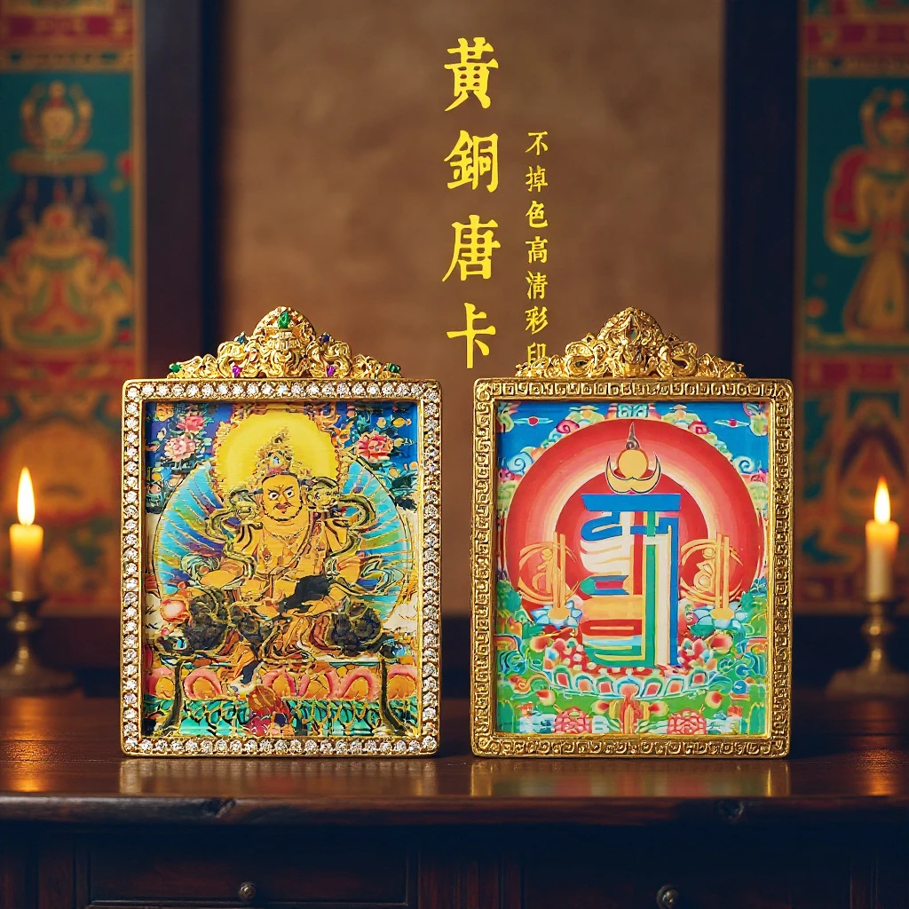 新款黄铜藏式大唐卡手绘描金八大守护神佛牌黄财神扎基拉姆吊坠
