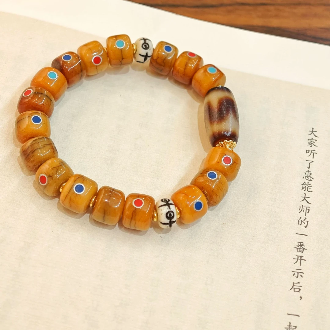 荧光扎基法眼牙黄虎牙天珠手链/多样性发其一  TZSJA4908-M