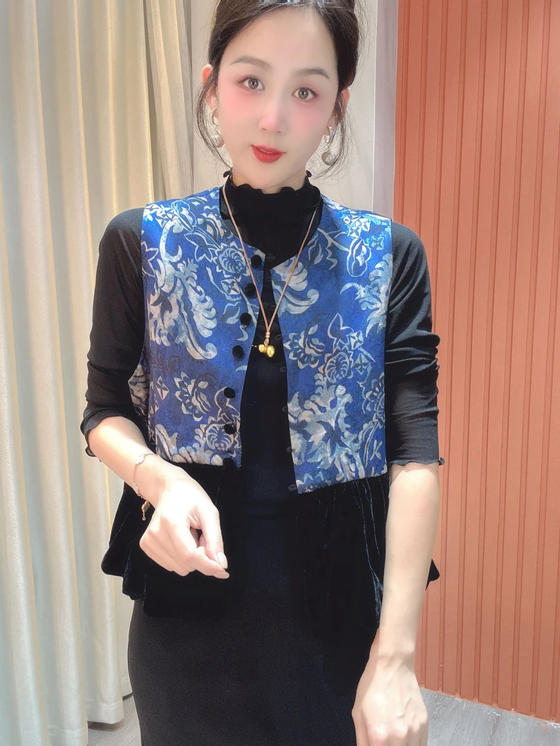 鑫坷秋季新款气质时尚百搭中国风丝绒拼接中式印花马夹马甲女703
