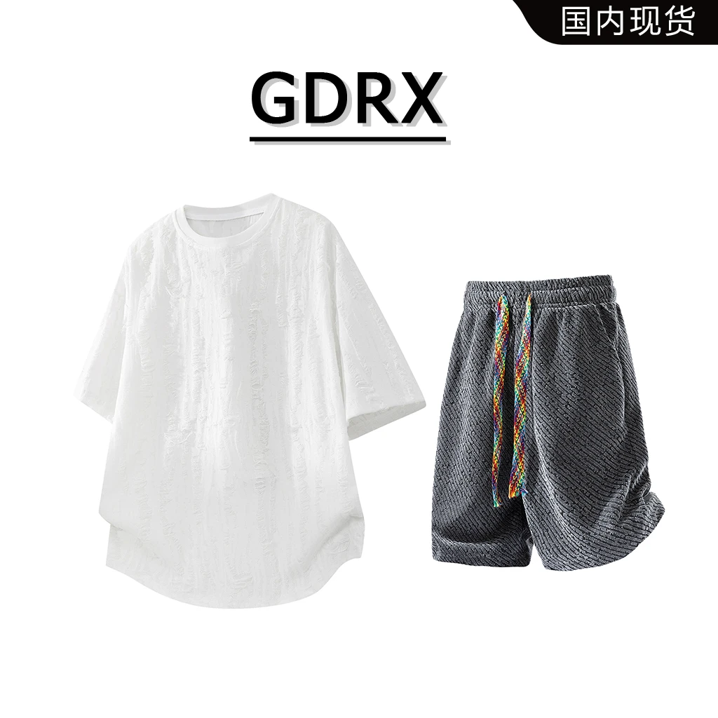 GDRX潮牌镂空短袖套装男2025夏季薄款冰丝休闲两件套轻奢痞帅男装