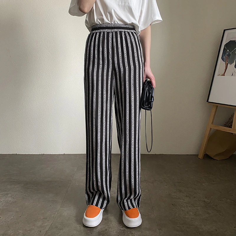 LMK6011条纹撞色直筒休闲裤2025夏季新款显瘦高腰薄款外穿