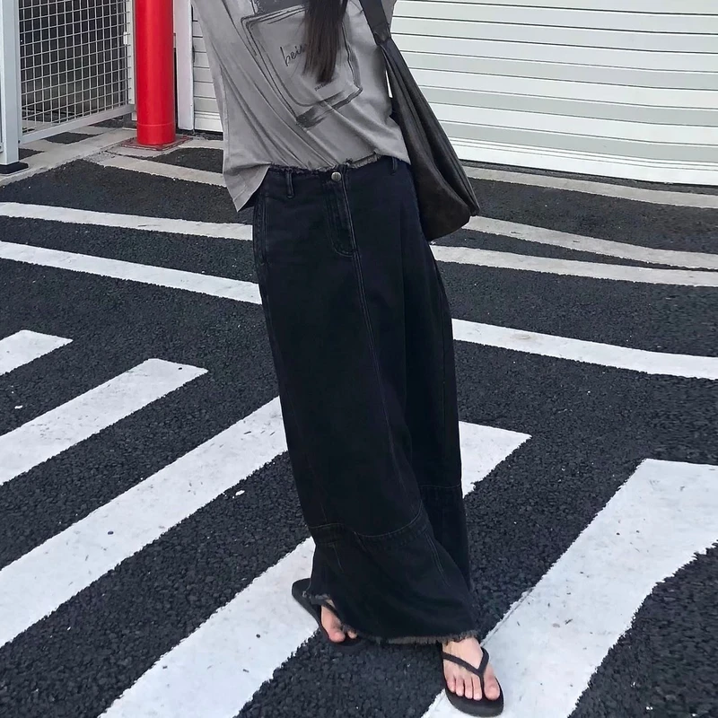 U/TI酷感毛边半身裙女通勤风简约开衩高腰直筒裙