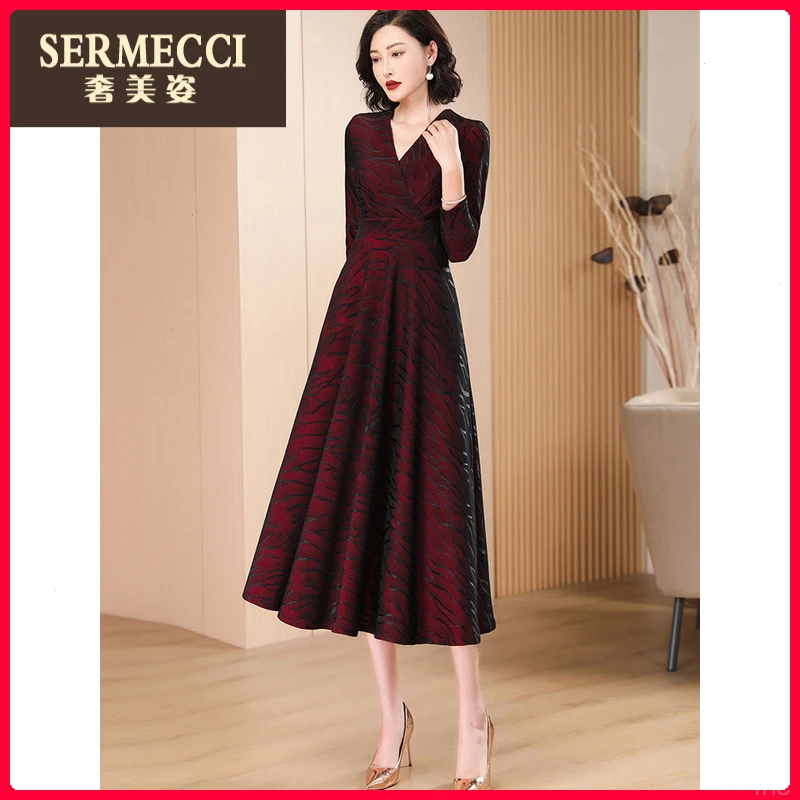 2025奢美姿春秋新款长袖连衣裙高级感优雅时尚修身长裙