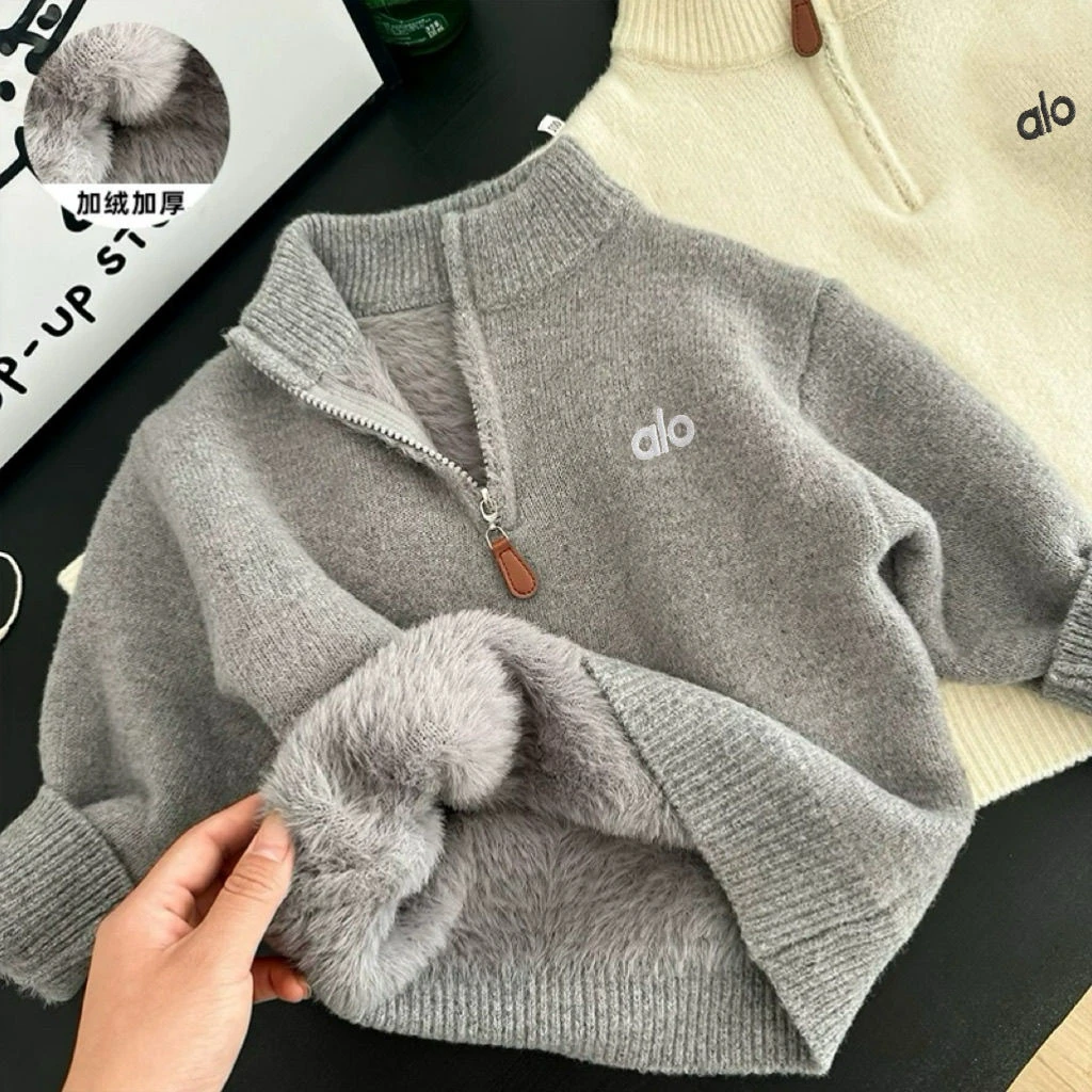 儿童一体绒毛衣男女童加厚冬款半高领中大童拉链针织衫保暖套头衫