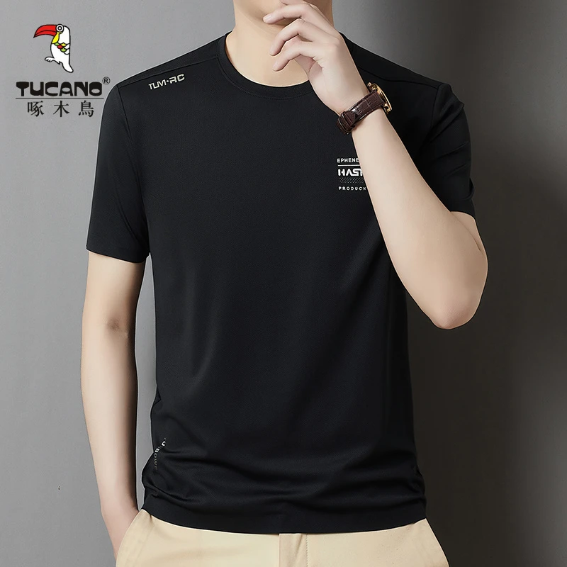 啄木鸟夏季短袖男T恤圆领2025薄款半袖上衣男装冰丝新款宽松汗衫