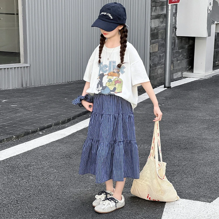 女童宽松休闲夏季上衣套头时尚洋气格子裙