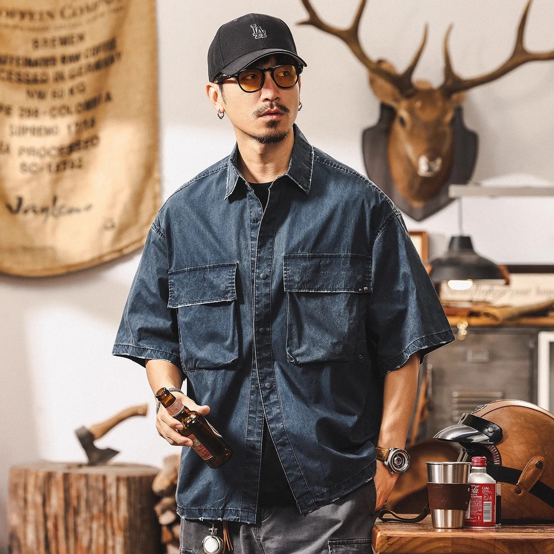 美式复古做旧洗褪短袖衬衫男夏季轻硬汉痞帅上衣宽松潮牌工装衬衣