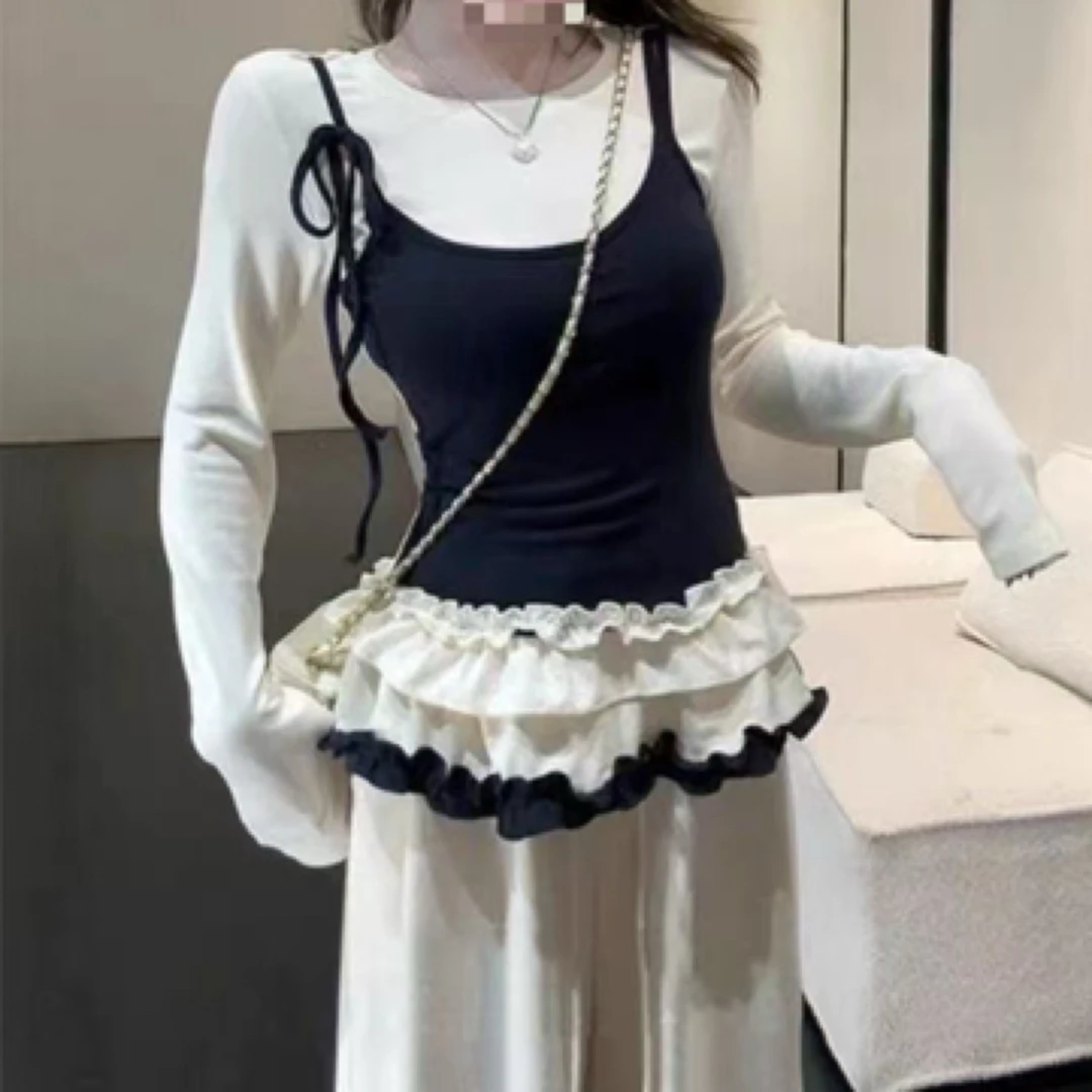 甜美风小众假两件长袖T恤女装春季别致花边收腰显瘦短款打底上衣
