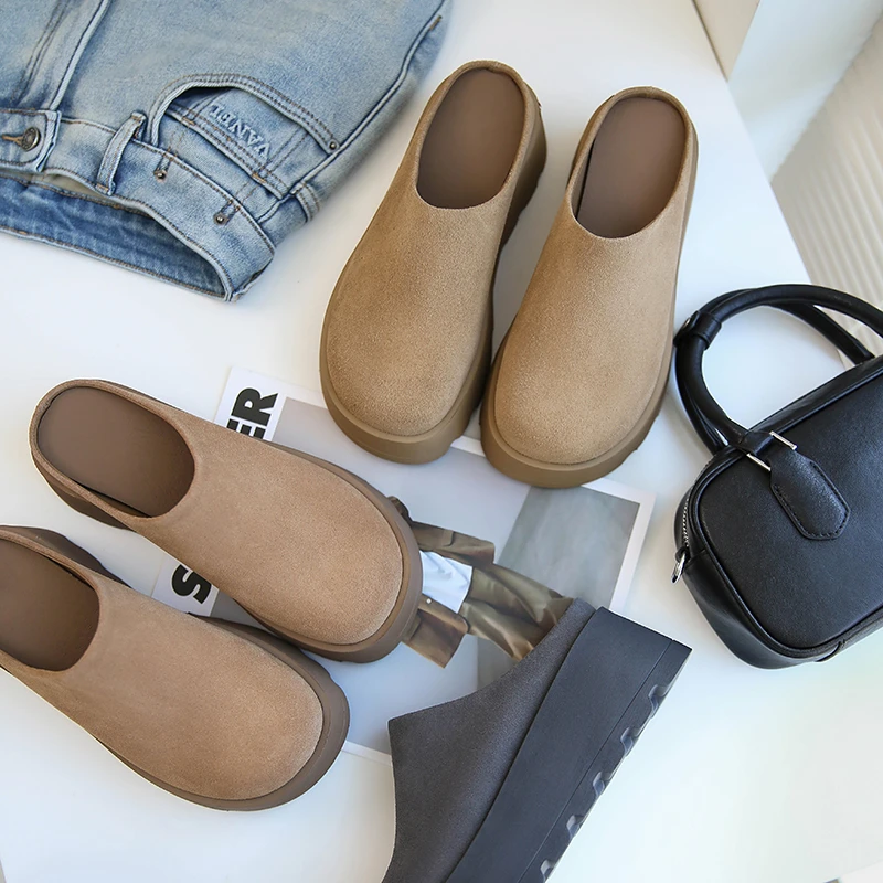 2025新款春夏单鞋女包头半拖一脚蹬软皮乐福鞋勃肯鞋厚底复古百搭