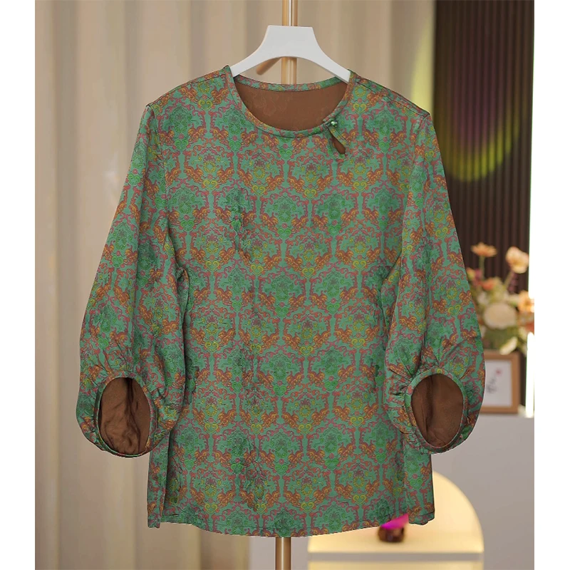 小绿花-重磅红云纱套头古风盘扣老料打底上衣小衫