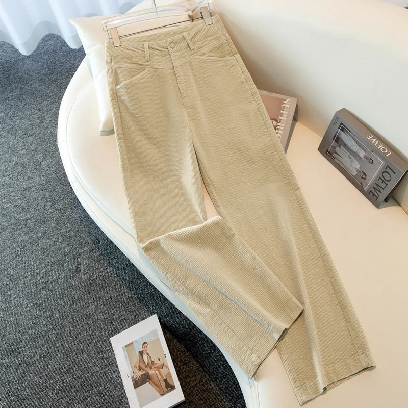 拉夏贝尔灯芯绒条绒阔腿裤2025春秋新款松紧高腰垂感显瘦休闲裤子