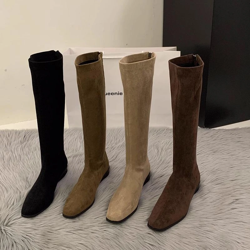 2025新款粗跟尖头绒面瘦瘦长筒靴女鞋2025新款秋冬季韩版长靴中筒