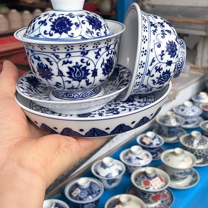 青花釉下彩盖碗杯子壶承