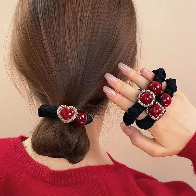 高颜值红珍珠扎头发头绳洋气闪钻丸子头气质小肠发圈百搭发绳头饰