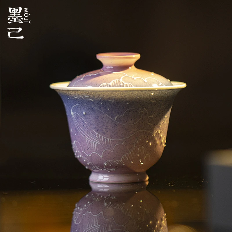 墨己玉泥有田烧星渊鲲梦鲸鱼盖碗茶具梦幻渐变紫手绘家用泡茶碗