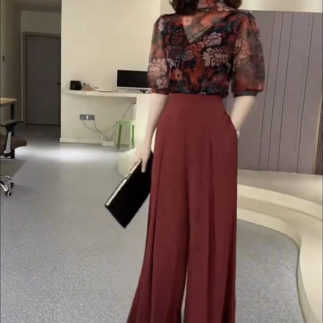 新款时尚中袖薄款印花上衣搭配高腰阔腿长裤洋气百搭-