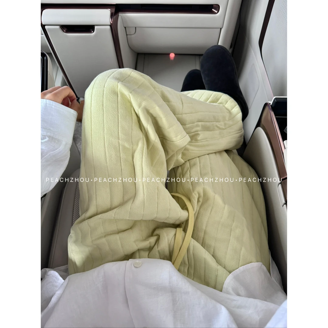 『PEACHZHOU』竹节亚麻绗线夹棉宽松直筒休闲裤松紧腰保暖阔腿棉裤