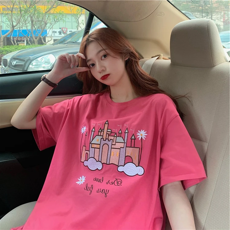 网红玫红色短袖t恤女款2025新款爆款夏季宽松小众潮牌高档遮屁股