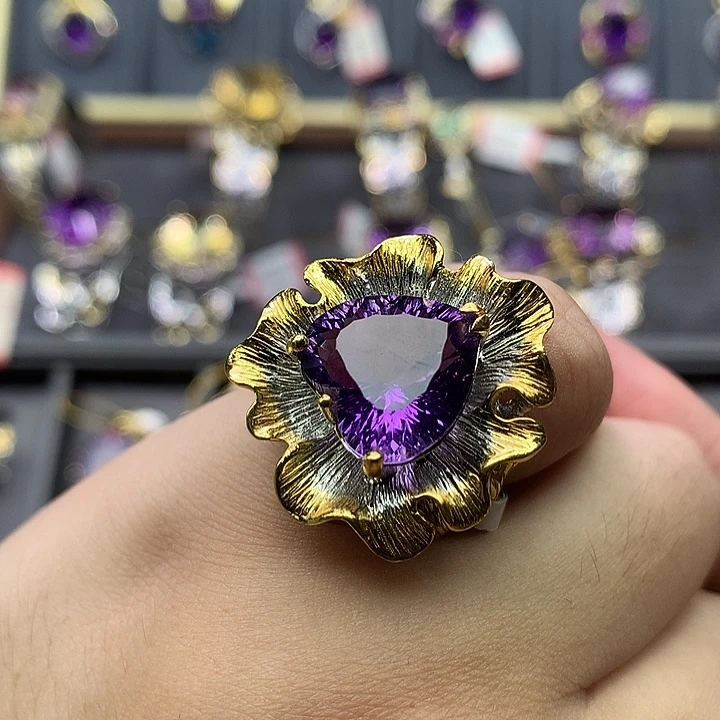 水晶银S925镀金镶嵌戒指